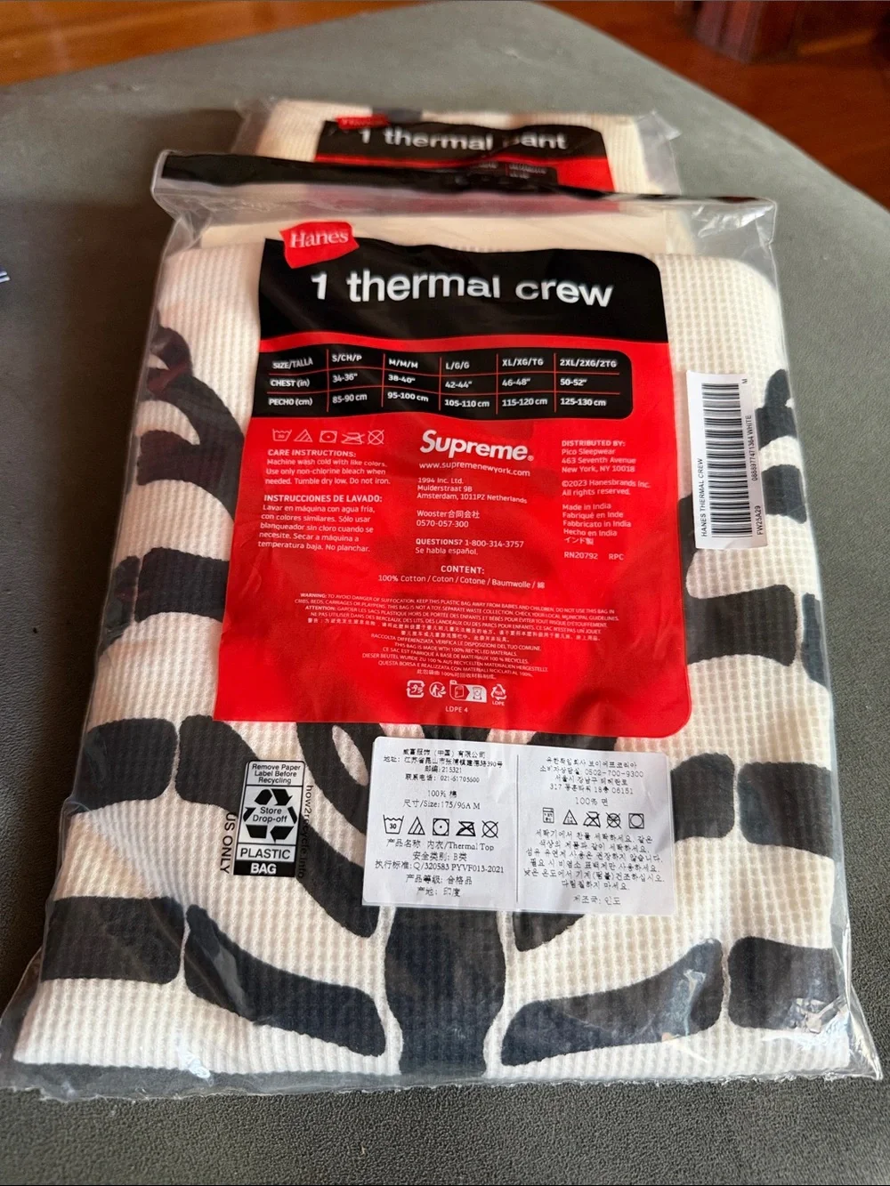 Hanes White Thermal Pant & Crew with Red Logo Band - Picture 4 of 4